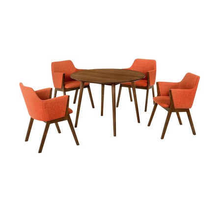 Armen Living Arcadia and Renzo 42" Round Orange and Walnut Wood 5 Piece Dining Set SETARDI5REWAOR42